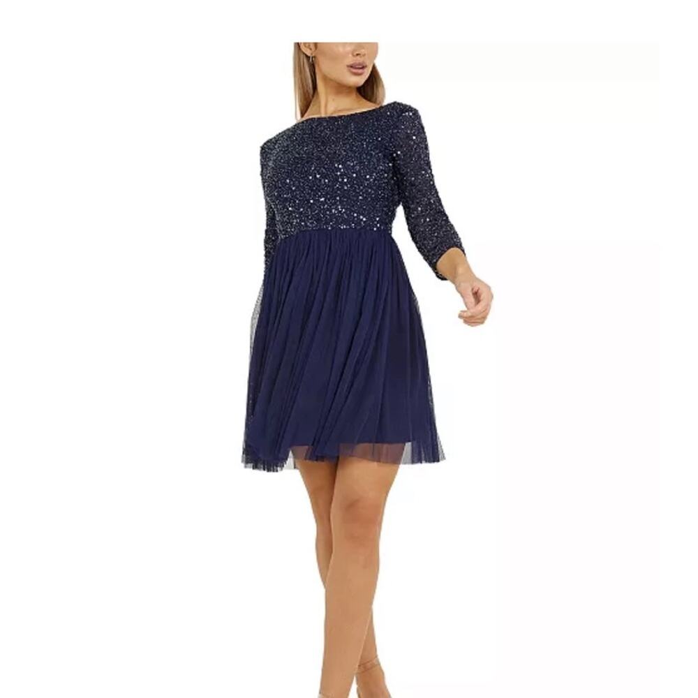 NWT QUIZ Womens Navy Zippered Embellished Mesh 3/4 Sleeve Boat Neck Party Dress. - Picture 2 of 5